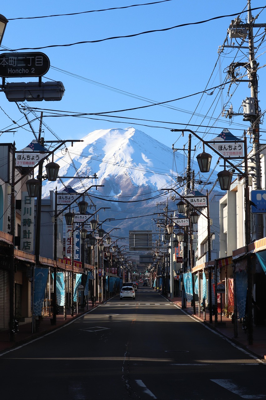 yamanashi, city, fuji, japan, mountain, mount fuji, road, buildings, nature, street, town, view, scenery, history, tourist attraction